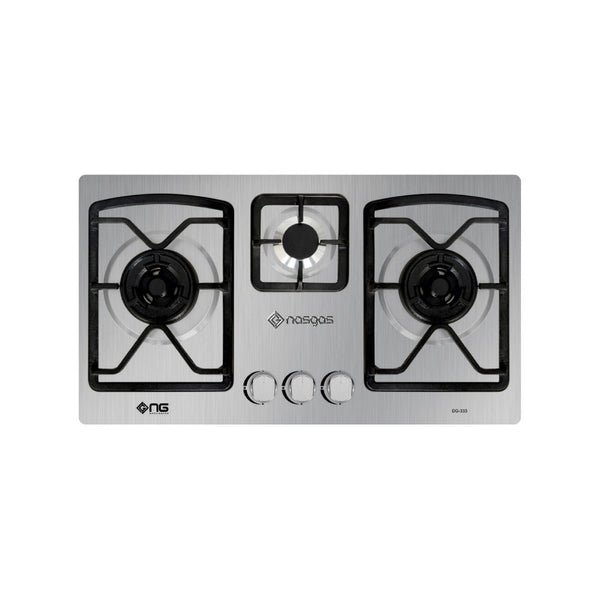 Nasgas DG-333 BK Kitchen Hob, premium kitchen appliance designed for modern cooking needs, tempered glass surface, a triple-burner configuration, and advanced safety features