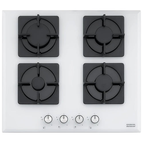 FRANKE FHNS 604 4G WH C Gas Hob - New Square Line: Stylish White Glass Finish, 4 Cooking Zones, Electromechanical Control, and Durable Cast Iron Grates