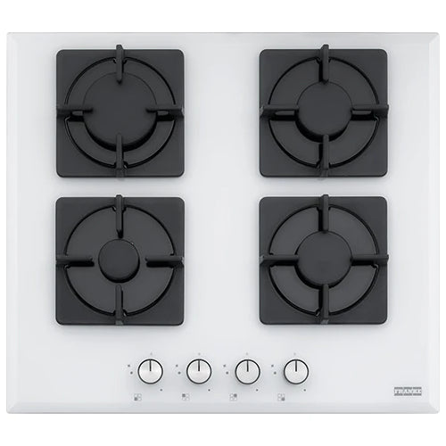 FHNS 604 4G WH C The Franke FHNS 604 4G WH C gas hob from the New Square line, white glass finish is equipped with 4 cooking zones with electromechanical control, cast iron