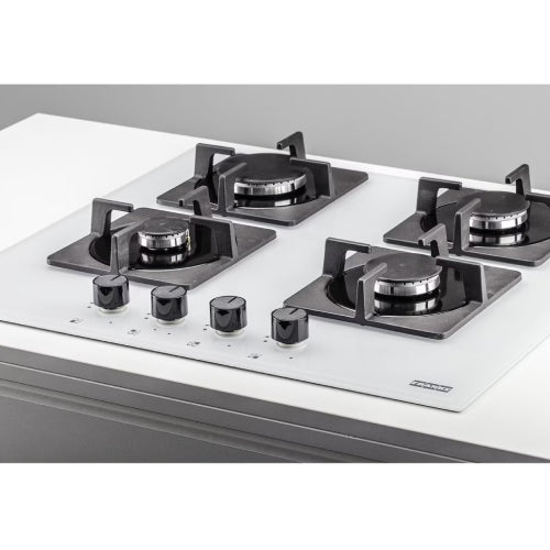 FHNS 604 4G WH C The Franke FHNS 604 4G WH C gas hob from the New Square line, white glass finish is equipped with 4 cooking zones with electromechanical control, cast iron