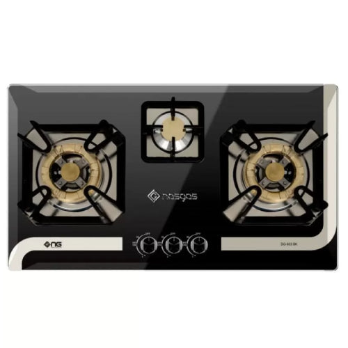 NAS GAS DG-933 BK KITCHEN HOB – Heavy gauge double shade  steel top – 2 Large  and 1 small Brass Burners – Grey Cast Iron Pan Trivets non stick paint coated – Auto ignition 3v battery operated