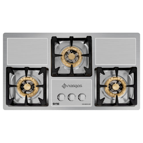 NAS GAS Kitchen Hob DG-227S: Heavy Gauge Steel Top, 3 Large Brass Burners, Grey Cast Iron Pan Trivets with Non-Stick Paint Coating