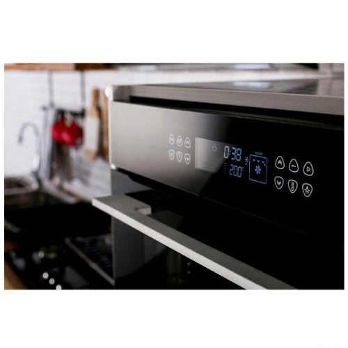 Non-stop oven model MF-0020 E of built-in type Black color electrically With a capacity of 70 liters   Oven front made of tempered glass The glass material is 3-pane tempered glass It has a full touch keyboard panel .