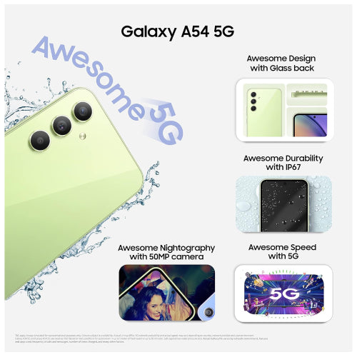 SAMSUNG A54 8/256 GREEN With a premium glass finish clean camera layout and energizing colorways Galaxy A54 5G wears the Awesome identity on a seamless and graceful frame Color .