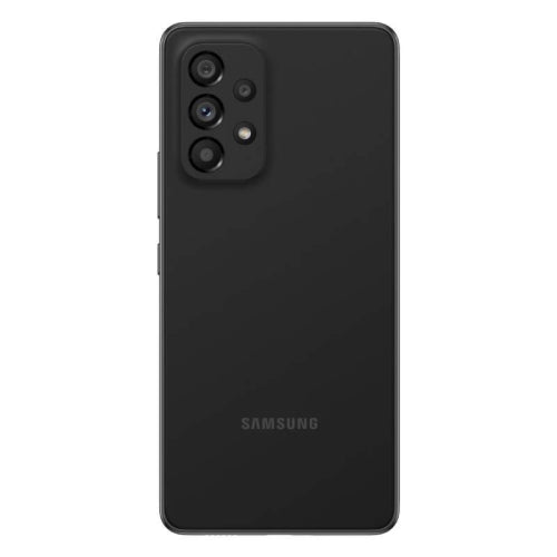 GALAXY A33 BERQUE BLACK 5G in Awesome Black seen from the front with a colorful wallpaper onscreen It spins slowly showing the display Features 6.4″ display Exynos 1280 chipset 5000 mAh battery