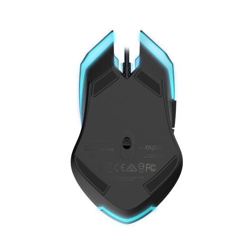 RAPOO V18 BLACK WITH BLUE LIGHTING MOUSE The classic design is enhanced by a blue breathing light with 7 cyclical changes which gives this gaming mouse a cool finish with a simple yet eye catching