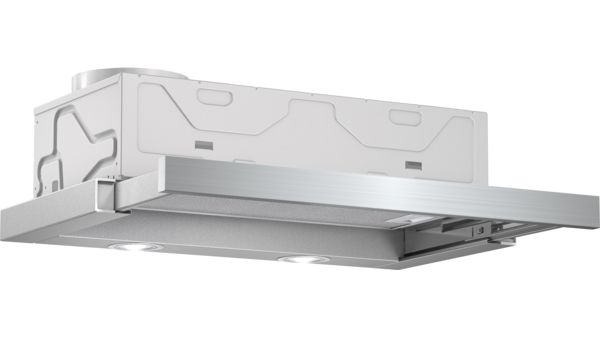 BOSCH DFM063W50B: Sleek Stainless Steel Telescopic Range Hood with 3 Speed Settings for Quiet Culinary Comfort