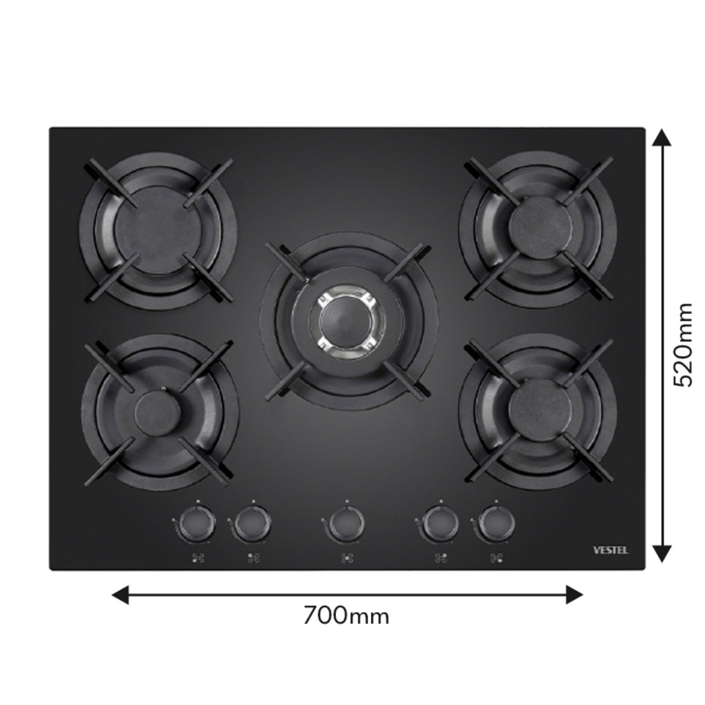 Vestel BH-7112B 5 Burner Black Glass Gas Hob