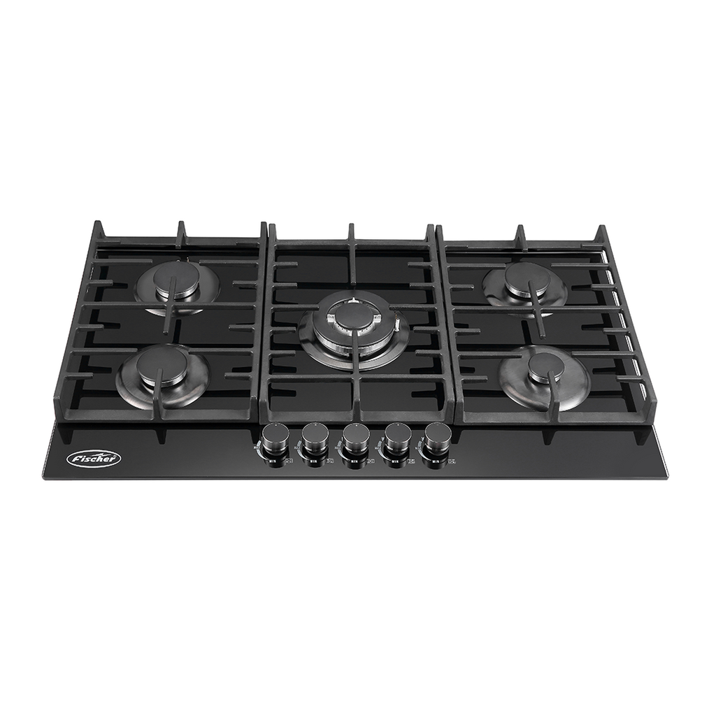 Fischer FBH-G90-5SBF Built In Kitchen Hob Metal knobs SABAF burner 8mm tempered glass panel