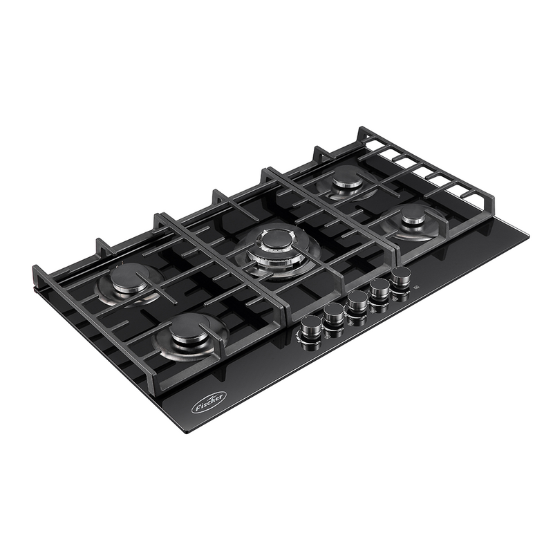 Fischer FBH-G90-5SBF Built In Kitchen Hob Metal knobs SABAF burner 8mm tempered glass panel